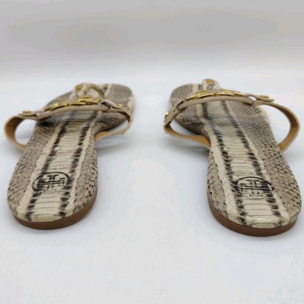 Tory Burch Miller Thong Sandals Womens 7 Snakeskin Print Gold Logo Flip Flops - Picture 4 of 8